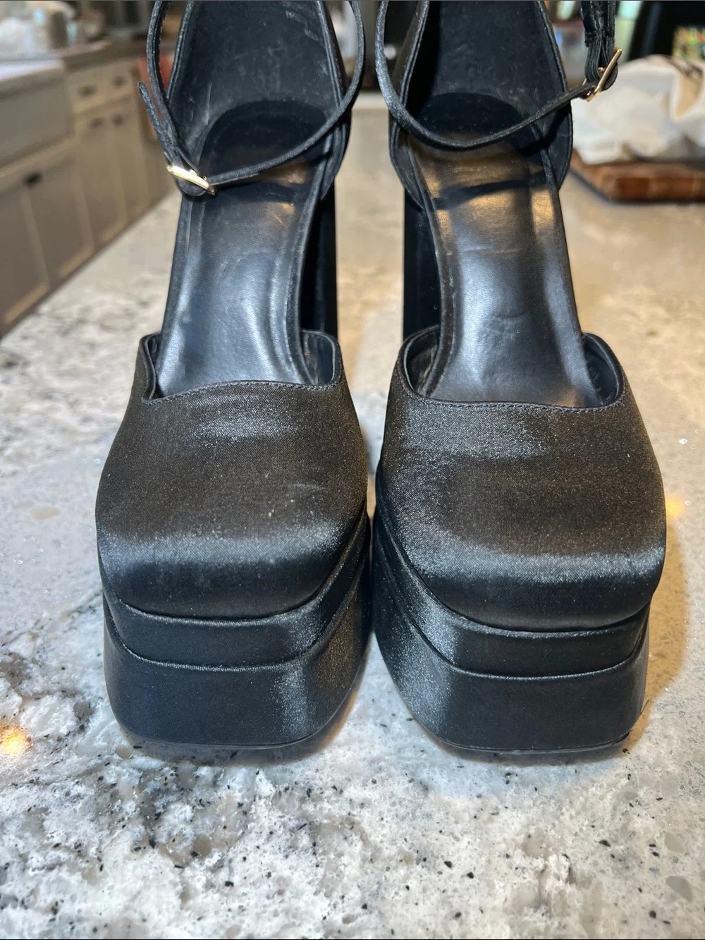 Black Chunky Platform Block Heels Closed Square Toe Pump Size 7